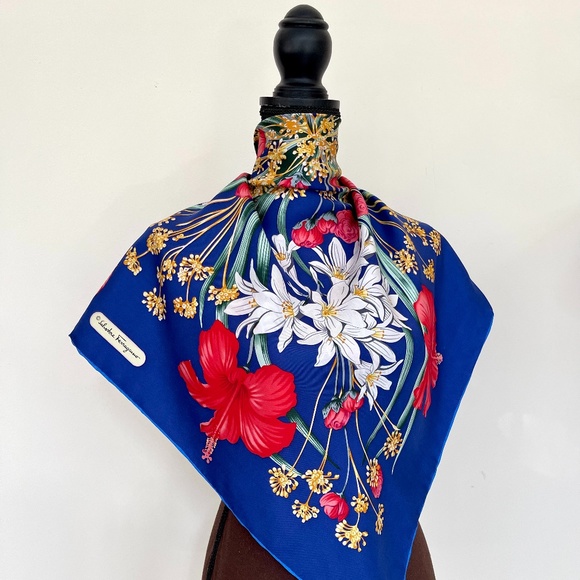 Salvatore Ferragamo Silk Scarf Flowers Blue Multicolor Wrap Scarf - Picture 1 of 15